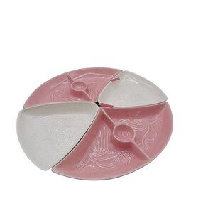 Vintage Rooster Divided Serving Platter Set - Pink & White Ceramic - 4 Sections